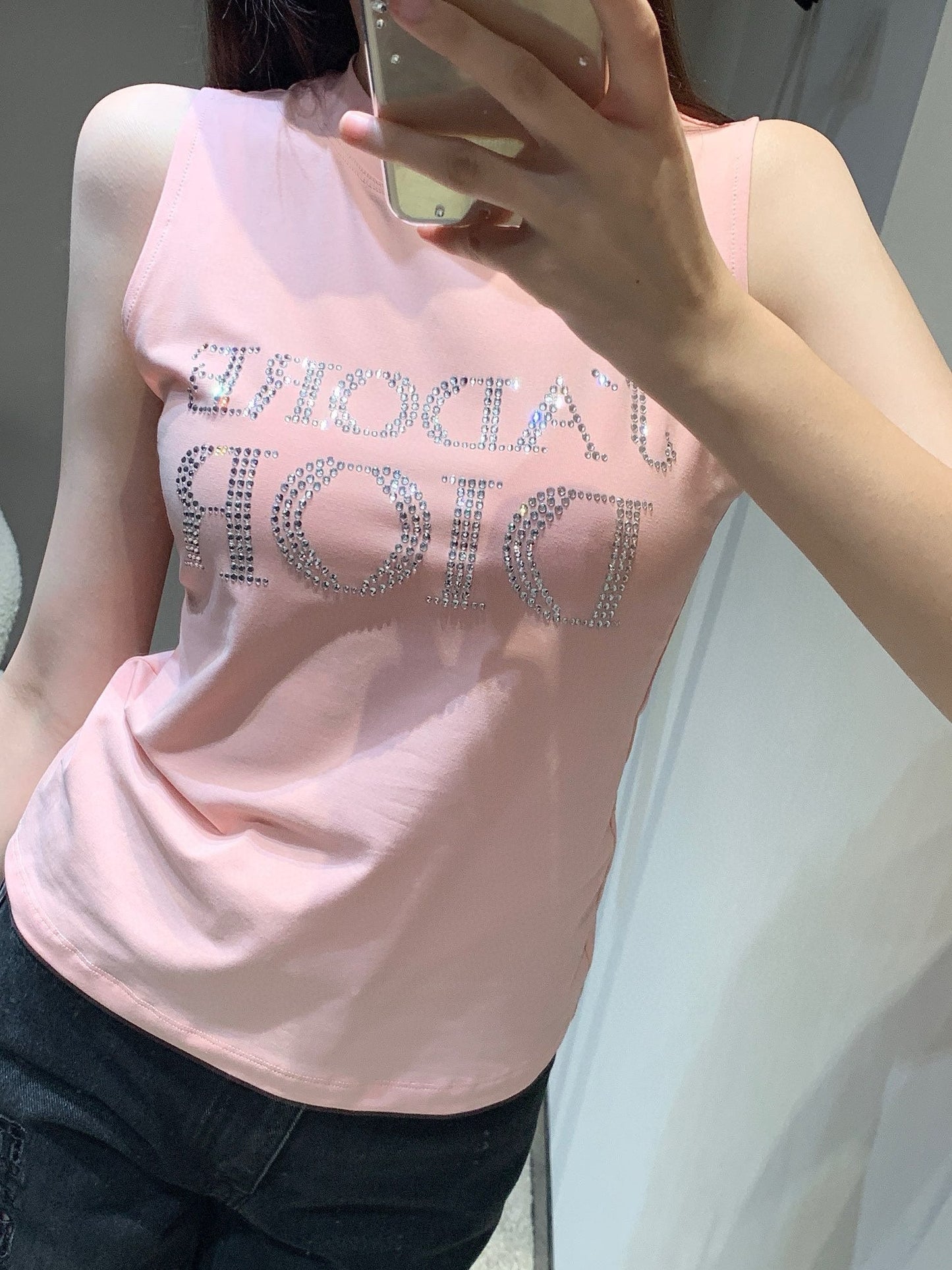 Pink SECOND-HAND STYLE VINTAGE HOT DIAMOND SLEEVELESS VEST T-SHIRT